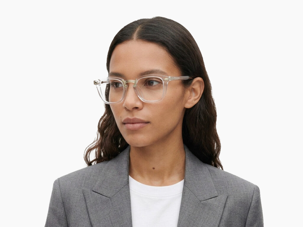 Woman model wearing Baldwin clear acetate eyeglasses from Vediview