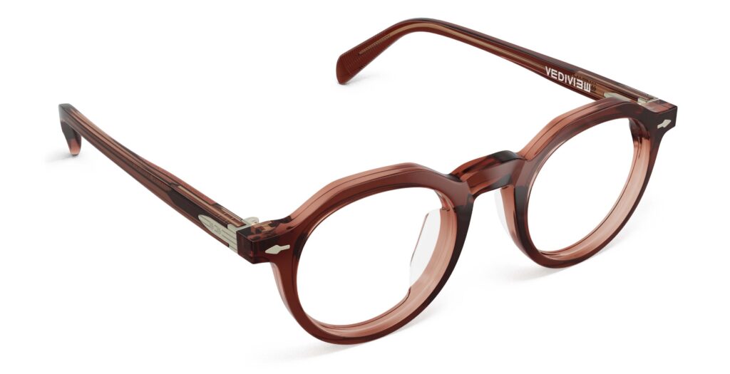 Angled view of Beckett red round eyeglasses from Vediview