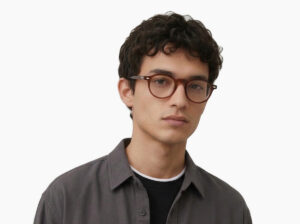 Man model wearing Beckett red acetate eyeglasses from Vediview