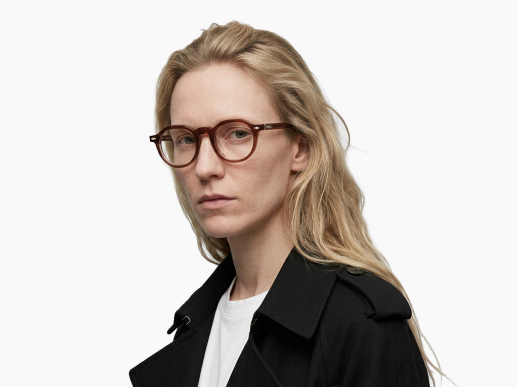 Woman model wearing Beckett red acetate eyeglasses from Vediview