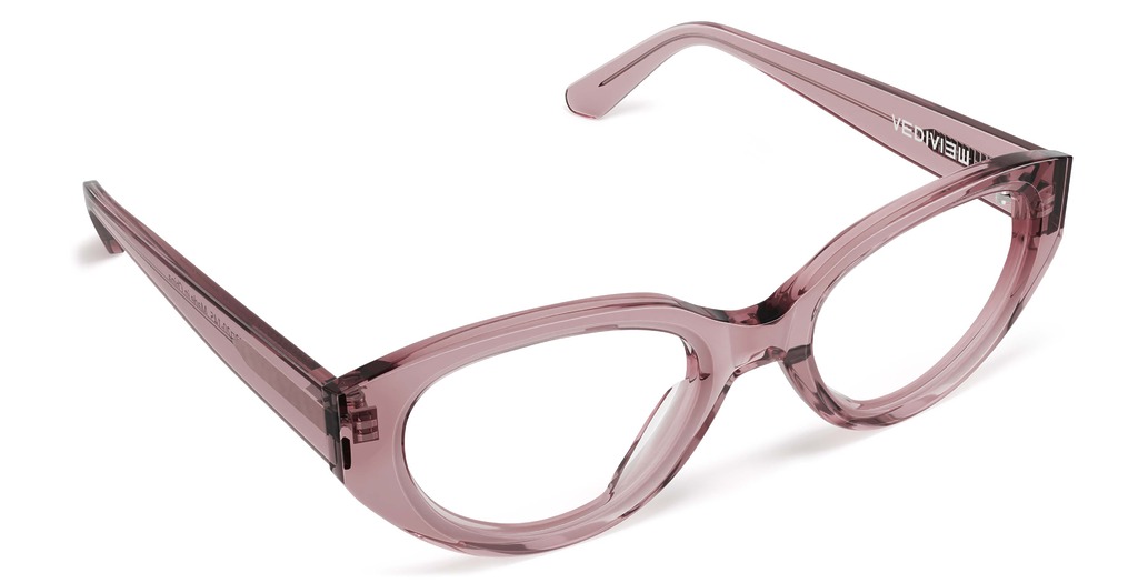 Angled view of Garcia pink oval eyeglasses from Vediview