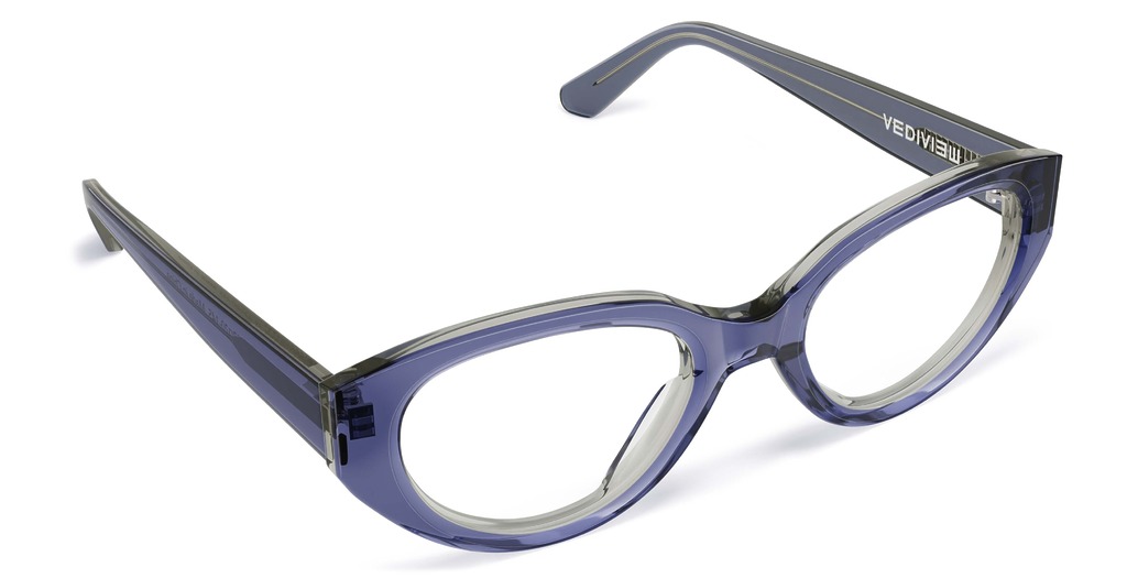 Angled view of Garcia purple oval eyeglasses from Vediview