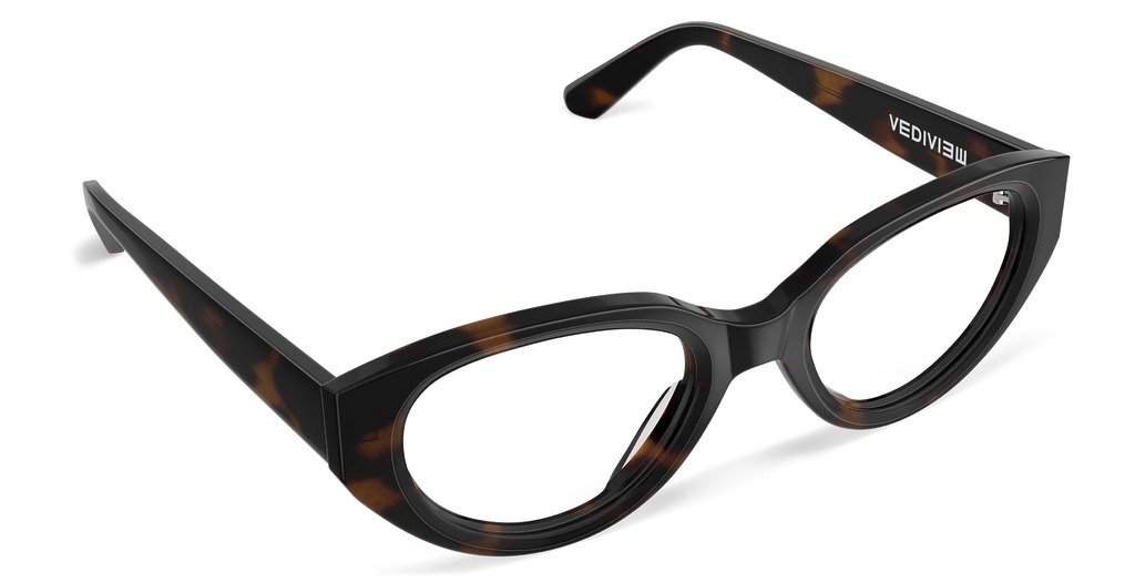 Angled view of Garcia tortoise oval eyeglasses from Vediview