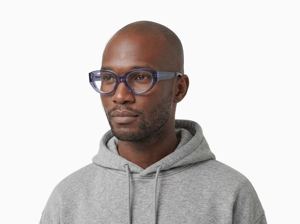 Man model wearing Garcia purple acetate eyeglasses from Vediview