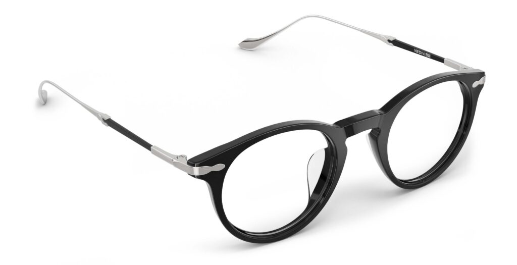 Angled view of Poe black round eyeglasses from Vediview