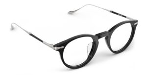 Angled view of Poe black round eyeglasses from Vediview