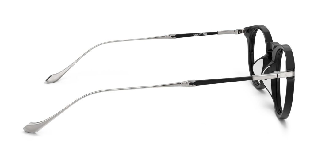 Side view of Poe black round eyeglasses from Vediview