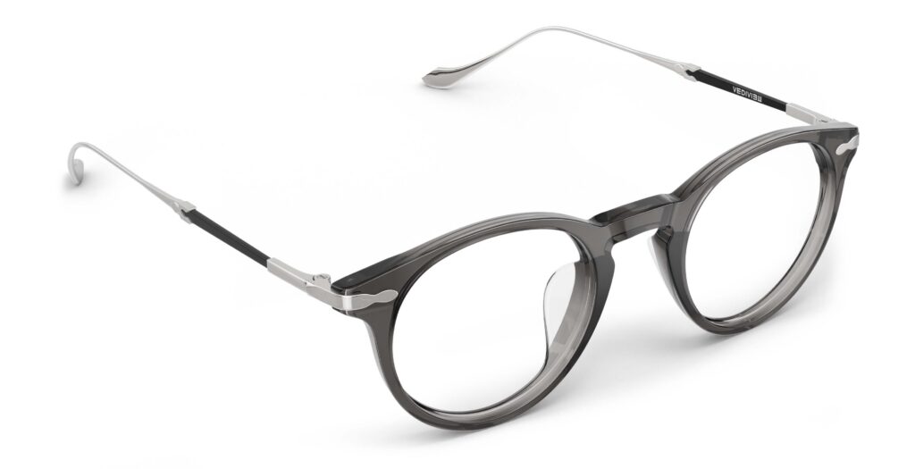 Angled view of Poe grey purple round eyeglasses from Vediview