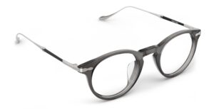 Angled view of Poe grey purple round eyeglasses from Vediview