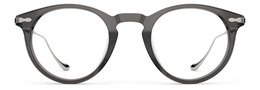 Front view of Poe grey purple round eyeglasses from Vediview