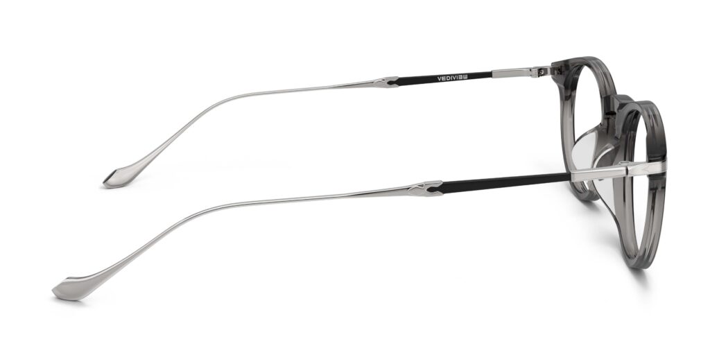 Side view of Poe grey purple round eyeglasses from Vediview